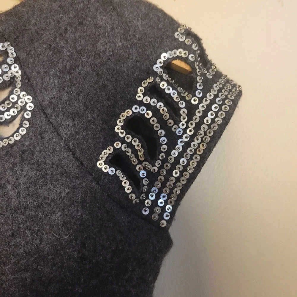 Tory Burch Wool Silk Layered Hem Dress XS Grey Sequin Embellished Excellent
